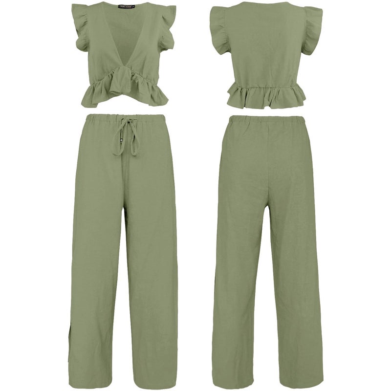 FANCYINN Womens 2 Pieces Outfits Deep V Neck Crop Top St Patricks Day Shirt Side Slit Drawstring Wide Leg Pants Set Jumpsuits Olive Green M - Image 5